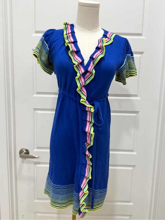 Nanette Lepore Dresses & Skirts - Royal Blue Ruffle-Trim Sweater Knit Wrap Dress with Multicolor Stripes